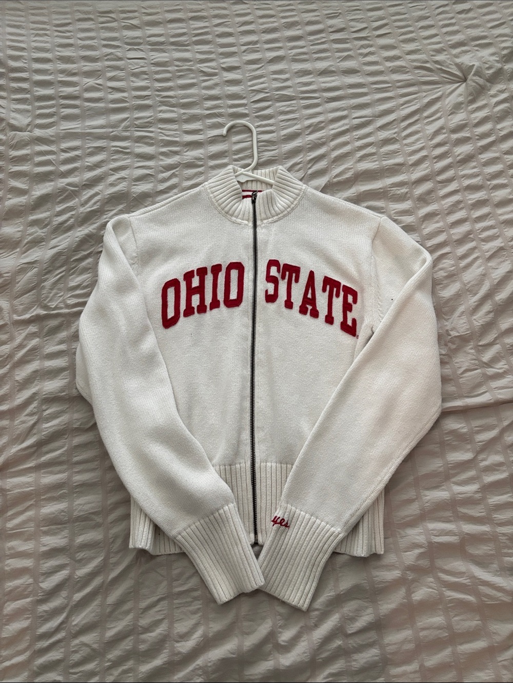 Vintage Ohio State Zip-Up White Knit Jacket with Red Lettering